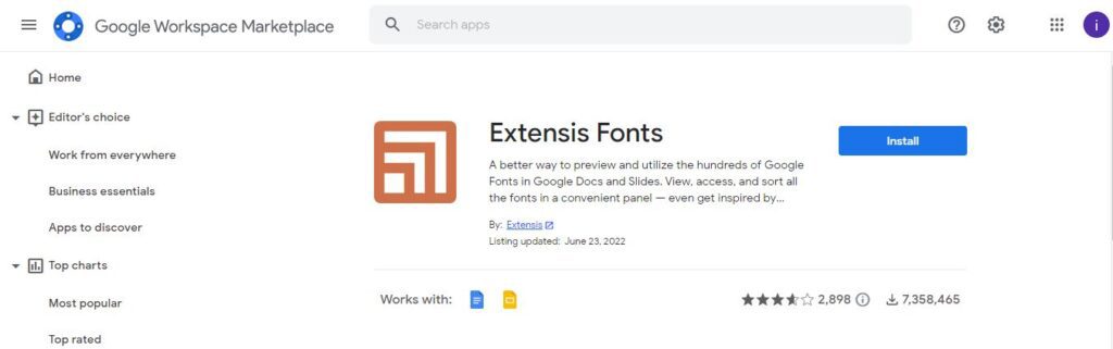 Extensis Fonts extension from google workspace marketplace